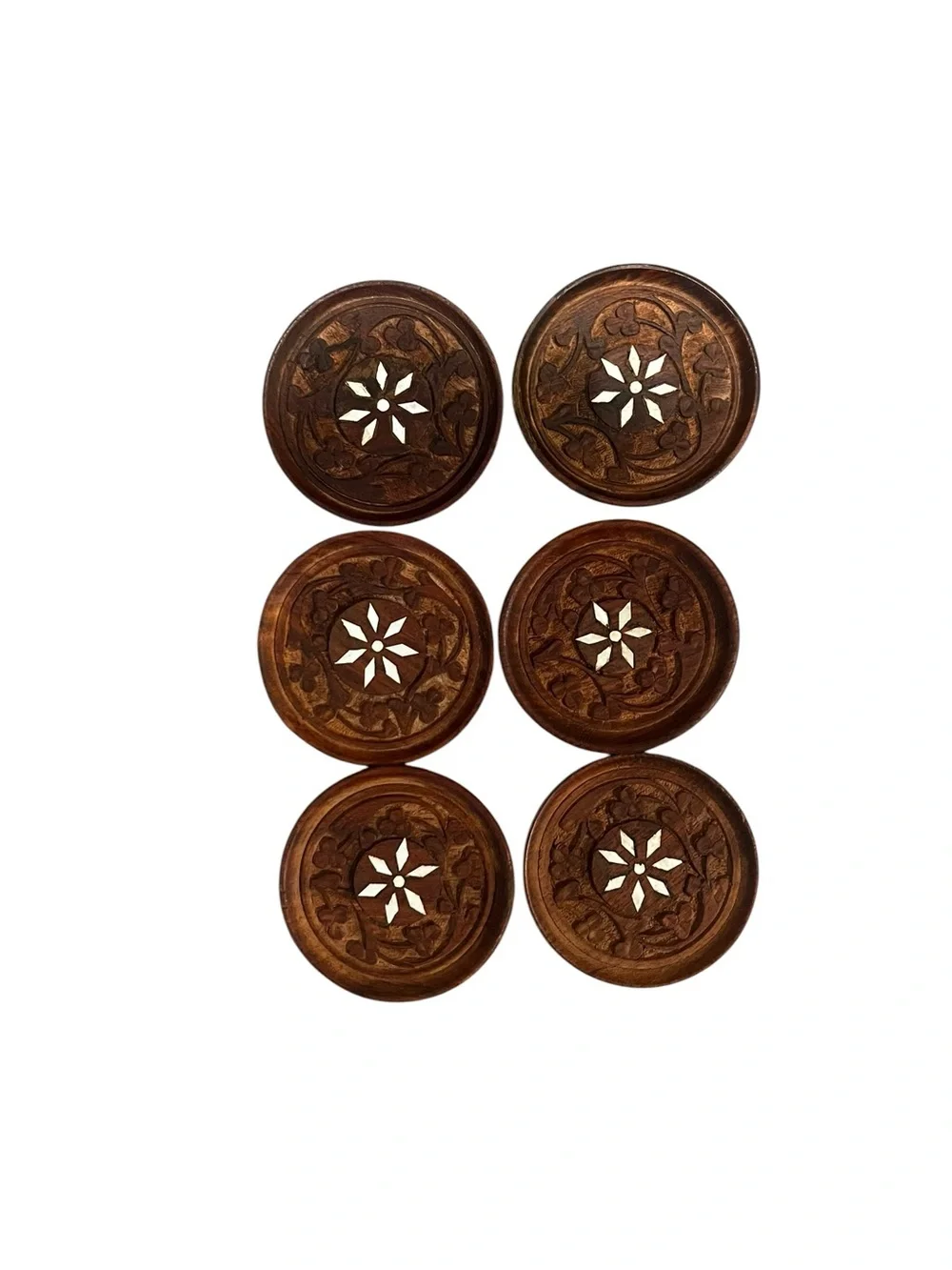 *NFS*Vintage Hand Carved Wood Coasters With Shell Inlay - Set of 6
